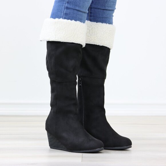 Black Wedge Heeled Boots Sherpa Fold Over Below The Knee Faux Suede - Picture 6 of 12
